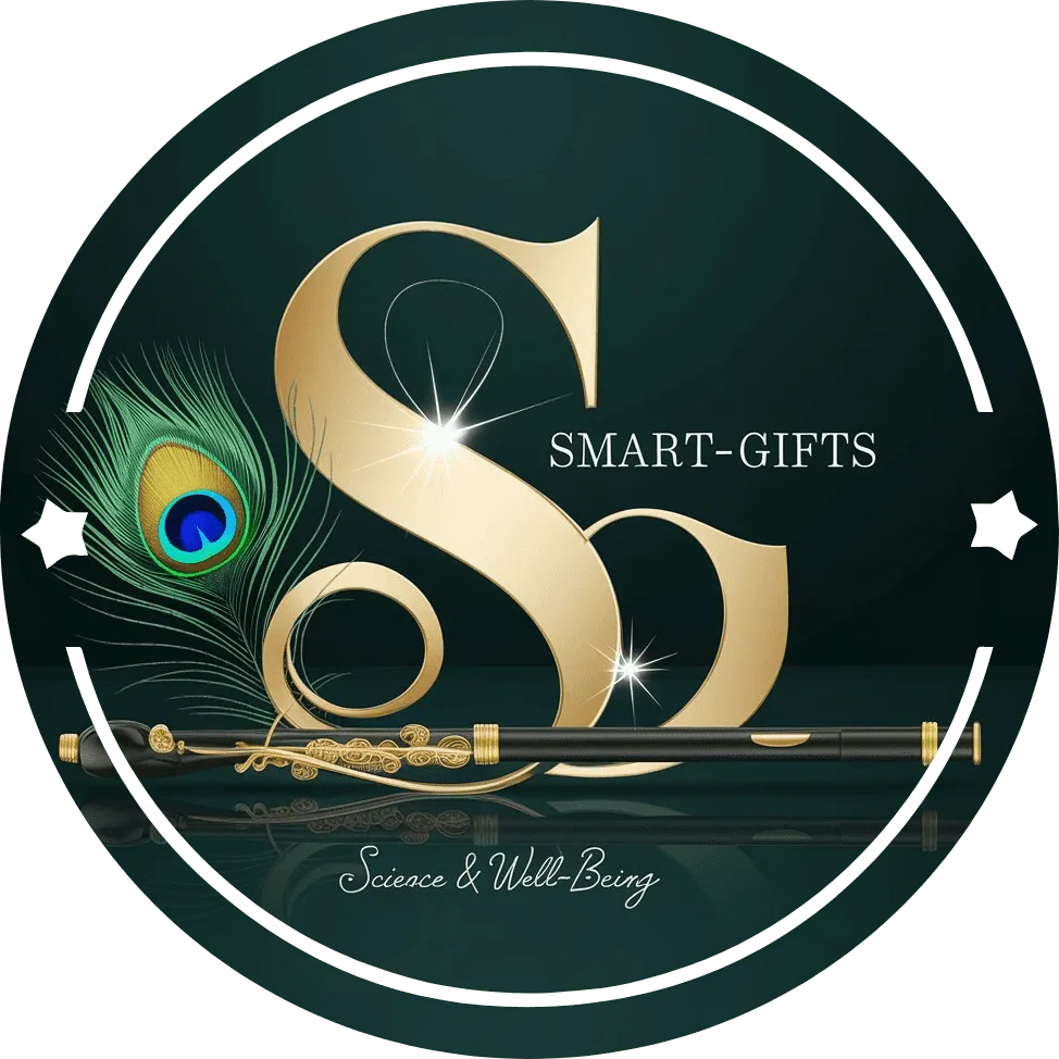 A digital artwork of a large, golden letter 'Smart-Gifts' with ornate, curled ends. The letter is centrally positioned against a dark green background. There is a vibrant peacock feather with green, blue, and gold colors on the left side of the 'S,G'. At the base of the 'S,G', there is a detailed, dark-colored flute with golden accents. The overall composition exudes elegance and sophistication. There is a reflective surface beneath the elements. The artist's signature, ""Science & Well-being"", is inscribed below the masterpiece.