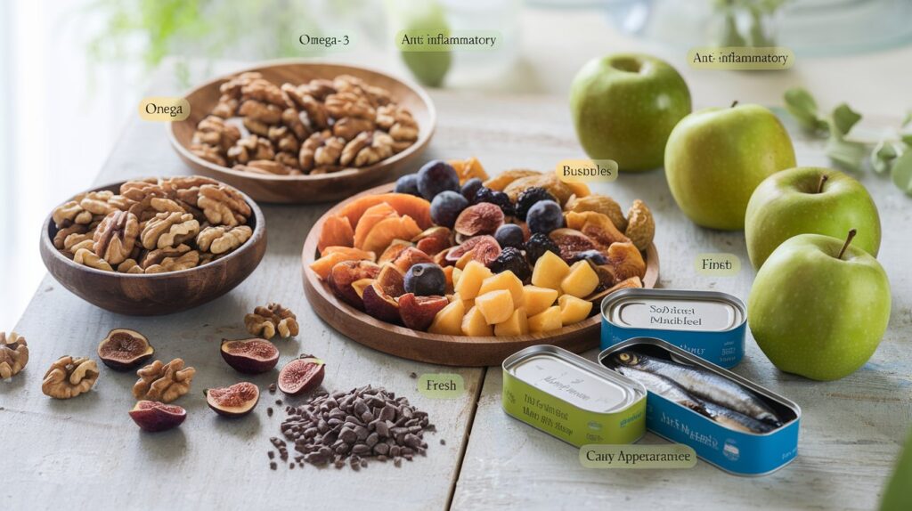 image showcasing a vibrant and healthy spread of snacks on a rustic wooden table. Include a bowl of halved walnuts, a variety of dried fruits like figs and apricots arranged neatly, a small pile of cocoa nibs scattered beside them, a couple of tins of sardines and mackerel with their lids partially open, and a few fresh, organic apples with a dewy appearance.