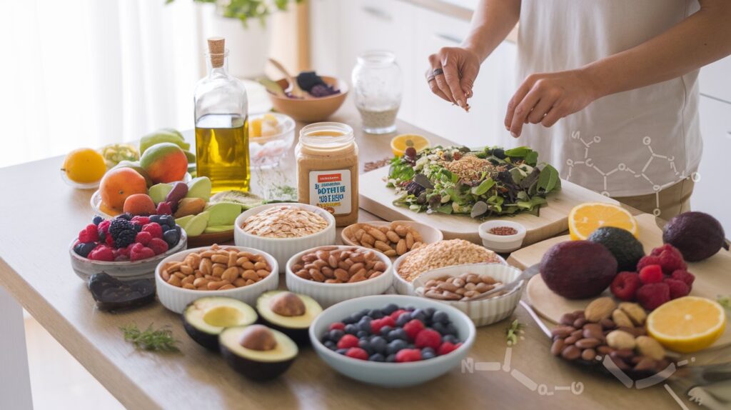 clean kitchen scene with a wooden table in the center, set with a variety of heart-healthy foods.