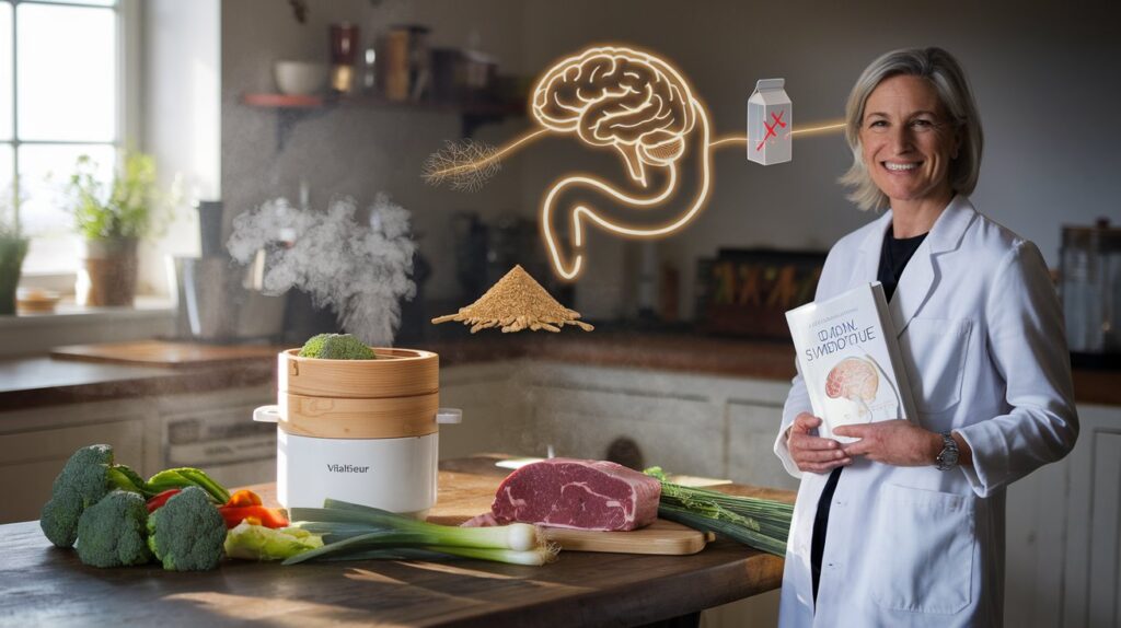 Picture a serene, rustic kitchen bathed in soft morning light, featuring a wooden table with a Vitaliseur steamer gently puffing steam over a colorful array of green veggies—broccoli, choux, and leeks—next to a slab of grass-fed meat and a dollop of raw A2 butter.