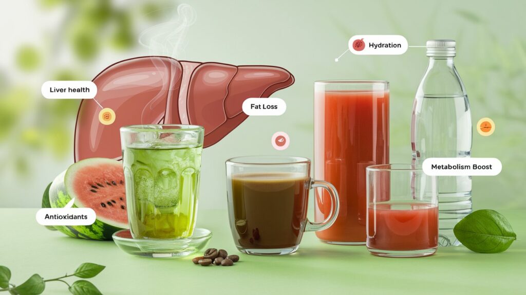 an image showcasing a vibrant, health-focused scene where various drinks are highlighted for their liver-cleansing and fat-burning properties.