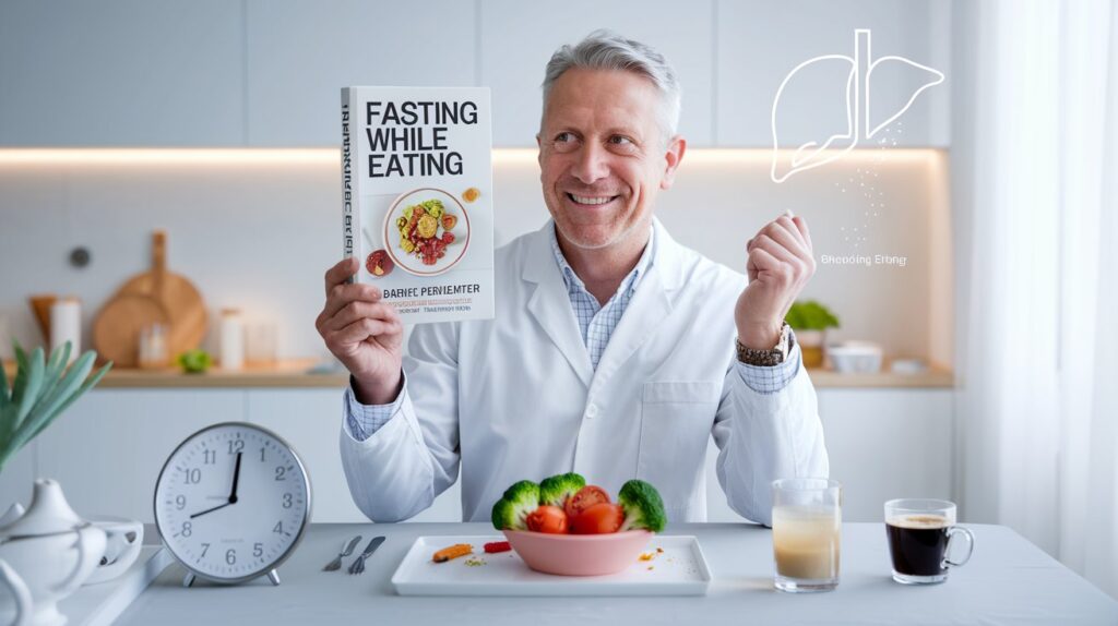 modern kitchen table under soft natural light, showcasing a symbolic fasting scene: an empty plate with a clock showing a 16:8 fasting window (16 hours off, 8 hours on), surrounded by nutrient-rich foods—a colorful bowl of steamed broccoli and tomatoes, a glass of clear vegetable broth, and a small cup of black coffee without sugar