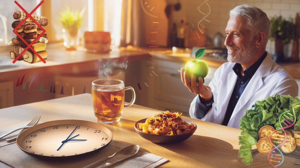 a cozy, modern kitchen table bathed in warm sunlight, showcasing a mindful fasting scene: an empty plate with a subtle 16-hour clock overlay, a steaming mug of herbal tisane, and a small bowl of colorful, al dente pasta sprinkled with fragrant spices—no salt or sugar in sight.