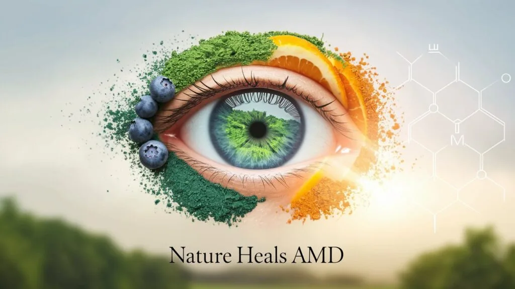 Can Nature really save your Eyes from AMD? Dr. Willem says Yes! 58 nature-inspired image featuring a close-up of a healthy human eye with a clear, sparkling retina, reflecting a lush green forest. Surround the eye with colorful natural elements like blueberries, spirulina powder, and orange slices, symbolizing nutrition and vitality.