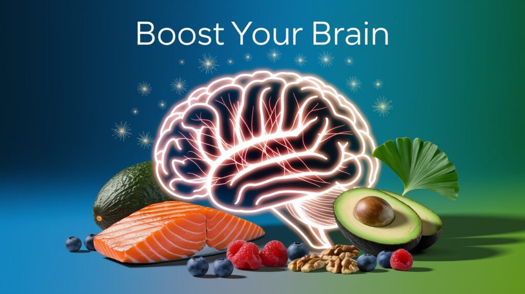 a glowing brain with vibrant blood vessels pulsing through it, surrounded by a colorful array of brain-boosting elements—grilled salmon, a handful of walnuts, sliced avocados, colorful berries, and a ginkgo leaf—set against a calming blue-green gradient backdrop to symbolize vitality. Add subtle sparkles of neurons firing and the text ‘Boost Your Brain’ in a sleek, bold font at the top, crafting an inspiring, science-driven scene for a brain health blog.