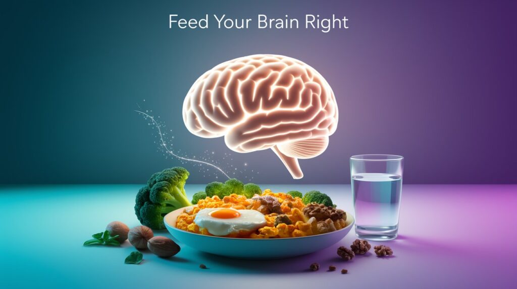 a glowing brain surrounded by a colorful array of brain-healthy foods—a savory egg scramble, steamed broccoli, a handful of walnuts, and a glass of water—set against a soothing teal-purple gradient backdrop to evoke mental clarity. Include subtle neuron-like sparkles connecting the foods to the brain, symbolizing glucose stability. Add the text ‘Feed Your Brain Right’ in a modern, bold font at the top, crafting an inviting, science-backed scene for a brain health blog.