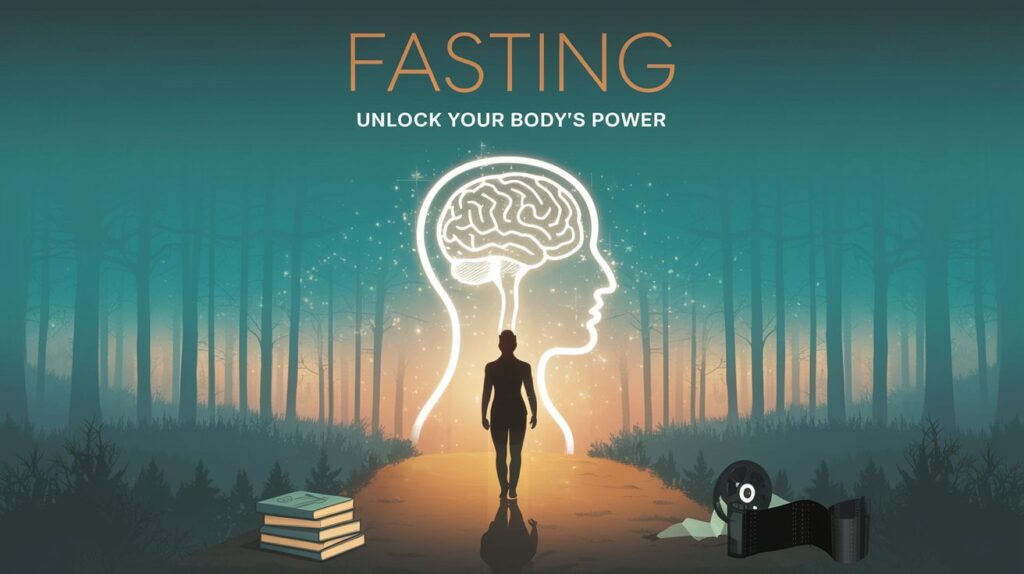 a serene figure walking a misty forest path, symbolizing fasting’s journey, with a glowing silhouette of a brain and body surrounded by faint ketone-like sparkles. Include a subtle stack of books and a film reel to nod to the documentary and research, set against a calming teal-orange gradient backdrop. Add the text ‘Fasting: Unlock Your Body’s Power’ in a bold