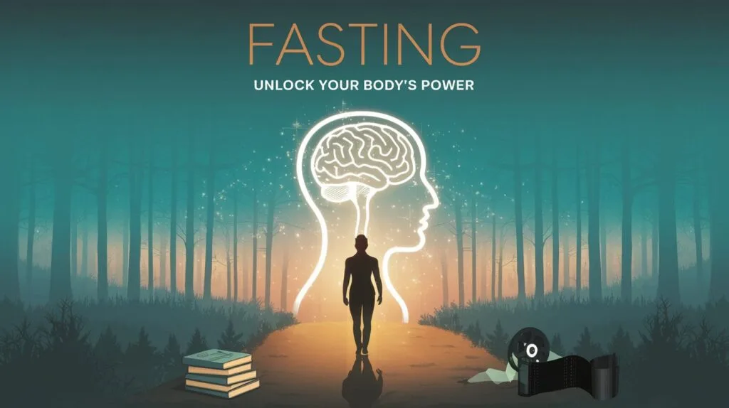 Can Fasting heal your Body and Mind in just 24 hours? 47 a serene figure walking a misty forest path, symbolizing fasting’s journey, with a glowing silhouette of a brain and body surrounded by faint ketone-like sparkles. Include a subtle stack of books and a film reel to nod to the documentary and research, set against a calming teal-orange gradient backdrop. Add the text ‘Fasting: Unlock Your Body’s Power’ in a bold