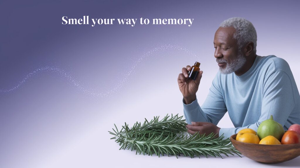 a senior man with a wise, calm expression, inhaling from a small bottle of rosemary essential oil, surrounded by vibrant green rosemary sprigs and a rustic bowl of raw fruits and vegetables. Set it against a soothing lavender-blue gradient backdrop to evoke healing and clarity, with subtle neuron-like sparkles linking the oil to his mind. Add the text ‘Smell Your Way to Memory’ in a gentle, elegant font at the top, crafting an inspiring, nature-focused scene for an Alzheimer’s prevention blog