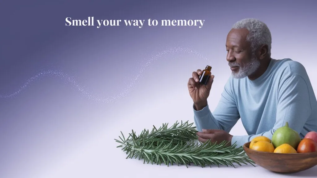 Can Smell restore your Memory and Fight Alzheimer’s Naturally? 46 a senior man with a wise, calm expression, inhaling from a small bottle of rosemary essential oil, surrounded by vibrant green rosemary sprigs and a rustic bowl of raw fruits and vegetables. Set it against a soothing lavender-blue gradient backdrop to evoke healing and clarity, with subtle neuron-like sparkles linking the oil to his mind. Add the text ‘Smell Your Way to Memory’ in a gentle, elegant font at the top, crafting an inspiring, nature-focused scene for an Alzheimer’s prevention blog