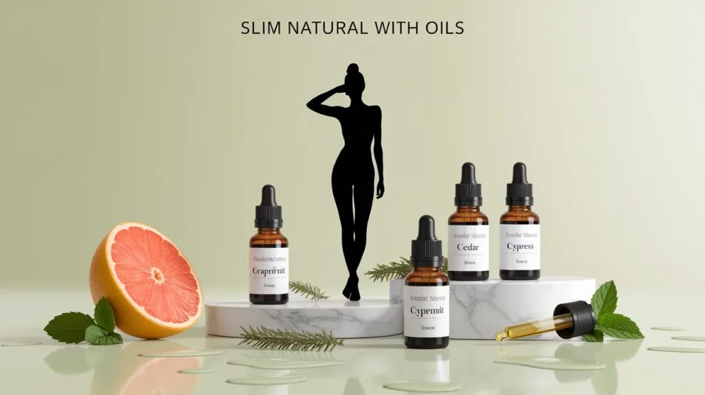 What if you could Slim Down Naturally? Discover Dr. Willem’s Oil Tricks! 55 nature-inspired image featuring a rustic wooden table with four amber glass bottles of essential oils—labeled helichrysum, rosemary, hemlock, and frankincense—surrounded by their natural sources: golden helichrysum flowers, rosemary sprigs, hemlock needles, and frankincense resin