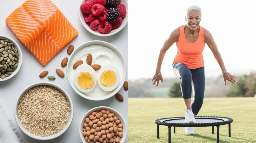 WARNING! Are Weak Legs sabotaging your Future? 7 Foods to reclaim your Strength! 41 On one side, show a close-up, diverse assortment of the seven recommended foods: a plate with a cooked salmon fillet, a small bowl of Greek yogurt with berries, a handful of almonds, a few hard-boiled eggs (cut in half to show the yolk), some lentils in a small dish, quinoa in a bowl, and pumpkin seeds scattered around. On the other side, show an active, healthy-looking older adult (60+) in athletic wear, smiling and either performing a calf raise, lightly bouncing on a mini-trampoline (rebounding)