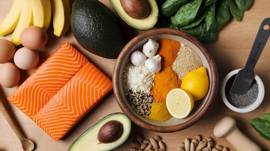 Samurai Secret for Strong Legs? Plus 10 Must-Eat Foods to avoid Weakness! 42 A vibrant flat lay image showcasing a diverse selection of the ten superfoods mentioned in the article (eggs, salmon, spinach, bananas, beans, avocado, sweet potato, nuts, turmeric, chia seeds) arranged around a wooden bowl containing the ingredients for the samurai leg-strengthening recipe (ginger, garlic, turmeric, sesame seeds, lemon, green tea)