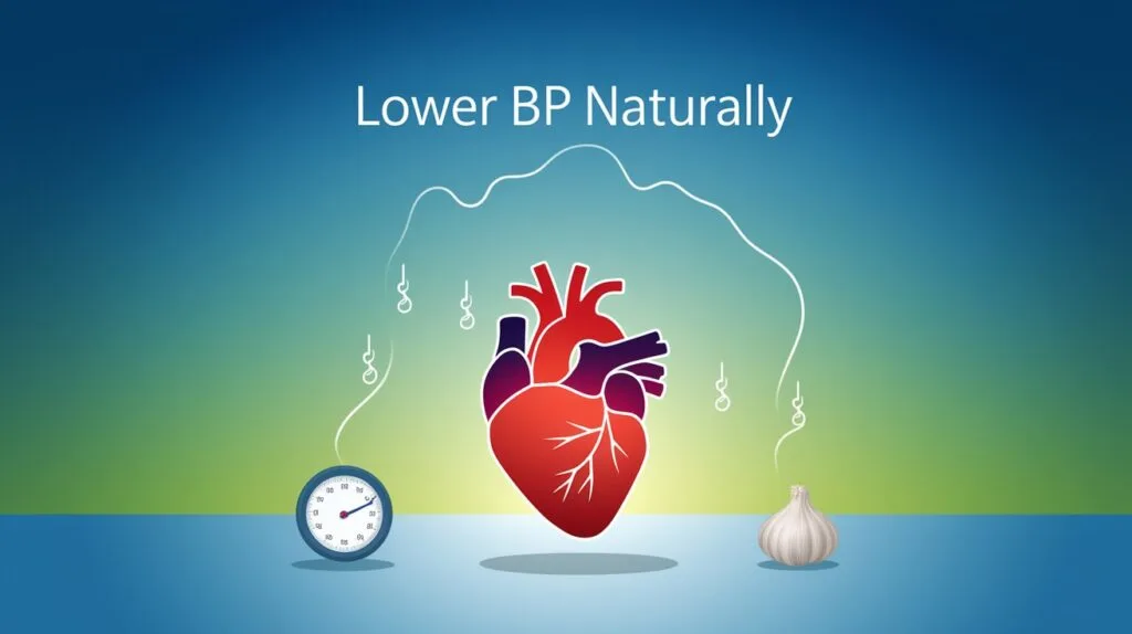 What’s the Secret to Low Blood Pressure without Drugs? Dr. Brewer Knows! 52 a calm, healthy heart glowing softly in the center, surrounded by a minimalist trio of a dynamometer, a garlic bulb, and a citrulline capsule, set against a serene blue-green gradient background symbolizing relaxation.