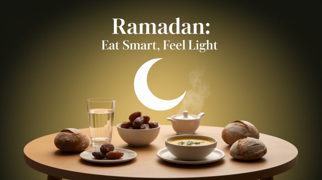 a Ramadan iftar table glowing under a crescent moon, featuring a glass of warm water, steamed dates in a steaming couscoussier, and a bowl of veggie soup with olive oil drizzle. Surround it with subtle hints of whole-grain bread and baked briks, set against a soft gold-green gradient backdrop to evoke nourishment and calm. Add the text ‘Ramadan: Eat Smart, Feel Light’ in an elegant, flowing font at the top, crafting a serene, health-focused scene for a fasting nutrition blog.