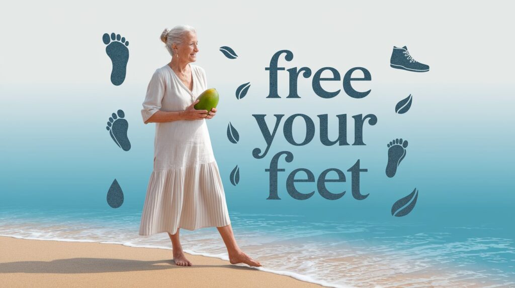 an 80-year-old barefoot woman, standing on a sandy beach with waves lapping her toes, holding a vibrant green mango. Surround her with subtle icons of a foot, water drop, and Five Fingers shoe, set against a calming ocean-blue gradient backdrop. Add the text ‘Free Your Feet’ in a flowing, natural font at the top, crafting an inspiring scene for a foot health blog.