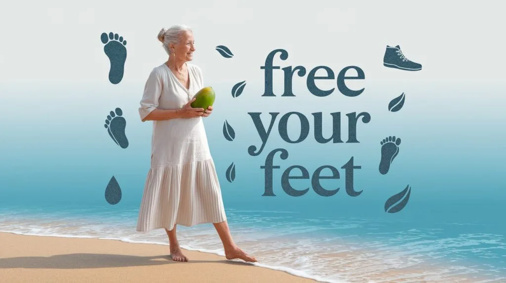Are your Shoes hurting your Feet? How can Nature Heal Them? 51 an 80-year-old barefoot woman, standing on a sandy beach with waves lapping her toes, holding a vibrant green mango. Surround her with subtle icons of a foot, water drop, and Five Fingers shoe, set against a calming ocean-blue gradient backdrop. Add the text ‘Free Your Feet’ in a flowing, natural font at the top, crafting an inspiring scene for a foot health blog.