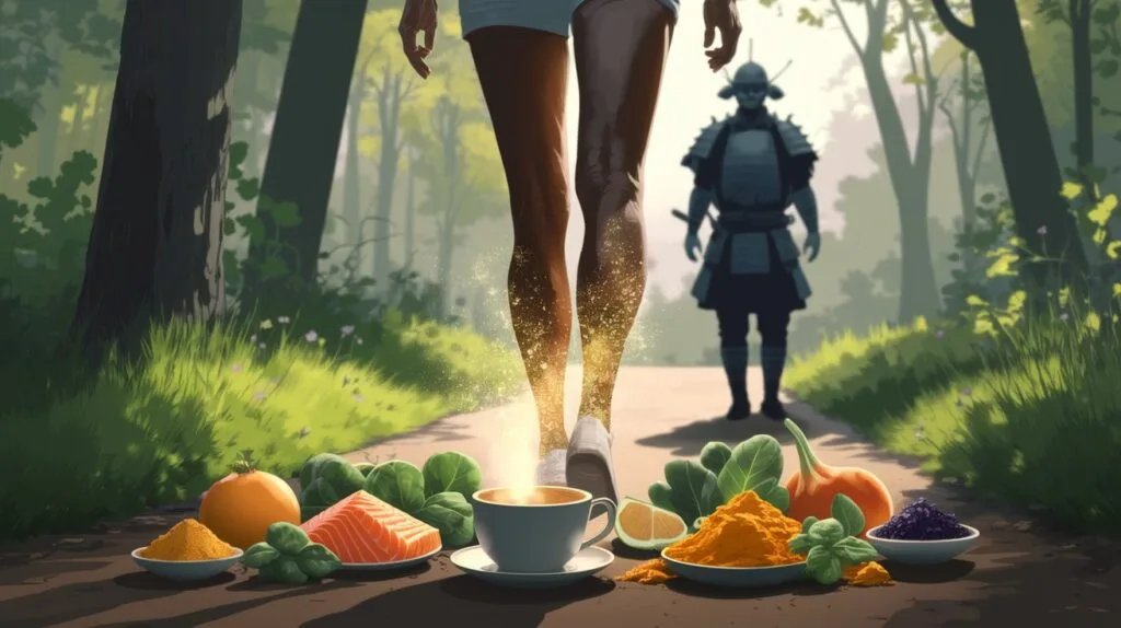 Are your Legs whispering ‘Help’? Discover the top Foods & Samurai Secret to regain Strength! 43 An elderly person walks confidently down a sunlit forest trail, their legs radiating a soft, golden glow imbued with vibrant energy.