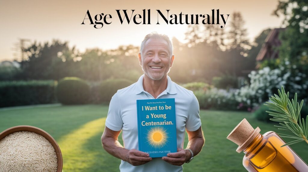 an energetic 80-something man with a radiant smile, standing in a lush garden at sunrise, holding a book titled I Want to Be a Young Centenarian. Surround him with vibrant symbols of his advice: a bowl of raw rice and buckwheat, a bottle of sandalwood oil, and a sprig of wintergreen. Add a soft golden glow to evoke vitality, with a serene sky blending into the garden. Include the text ‘Age Well Naturally’ in a warm, elegant font at the top, crafting a hopeful, healthful scene for an aging blog.