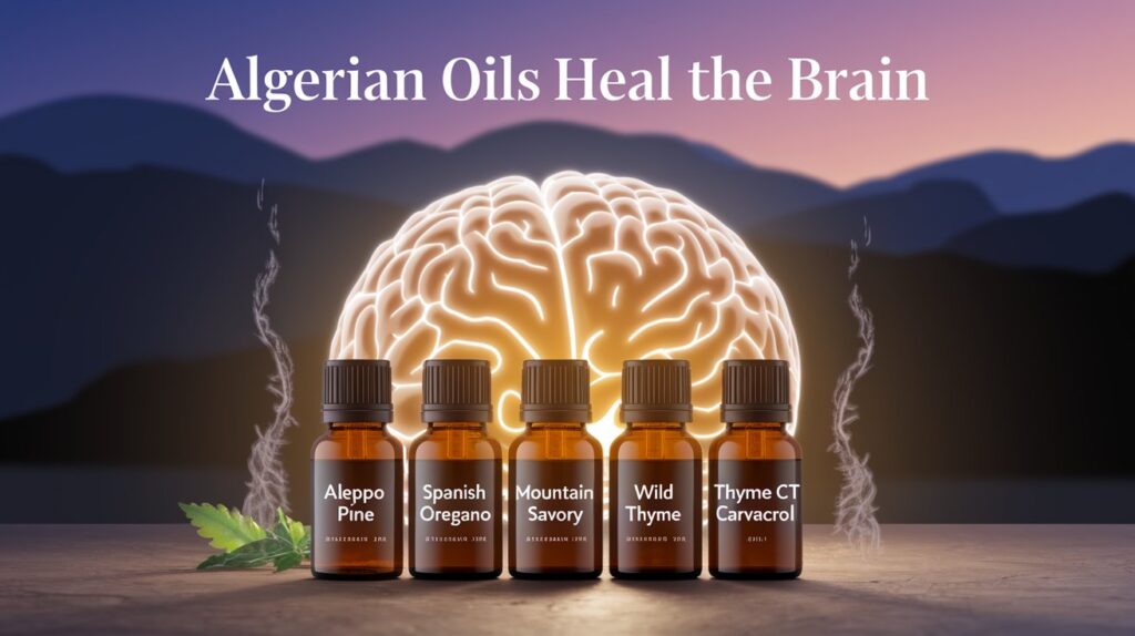 a vibrant brain glowing with golden light, surrounded by five amber essential oil bottles labeled Aleppo Pine, Spanish Oregano, Mountain Savory, Wild Thyme, and Thyme CT Carvacrol, set against a serene Algerian mountain backdrop at dusk.