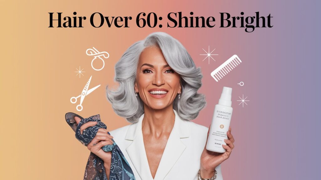 a confident woman over 60 with vibrant, voluminous silver hair, styled in soft layers, holding a chic scarf and a lightweight mousse bottle. Surround her with subtle icons of scissors, a comb, and a heat protectant spray, set against a warm peach-lavender gradient backdrop. Add the text ‘Hair Over 60: Shine Bright’ in a bold, elegant font at the top, crafting a joyful,