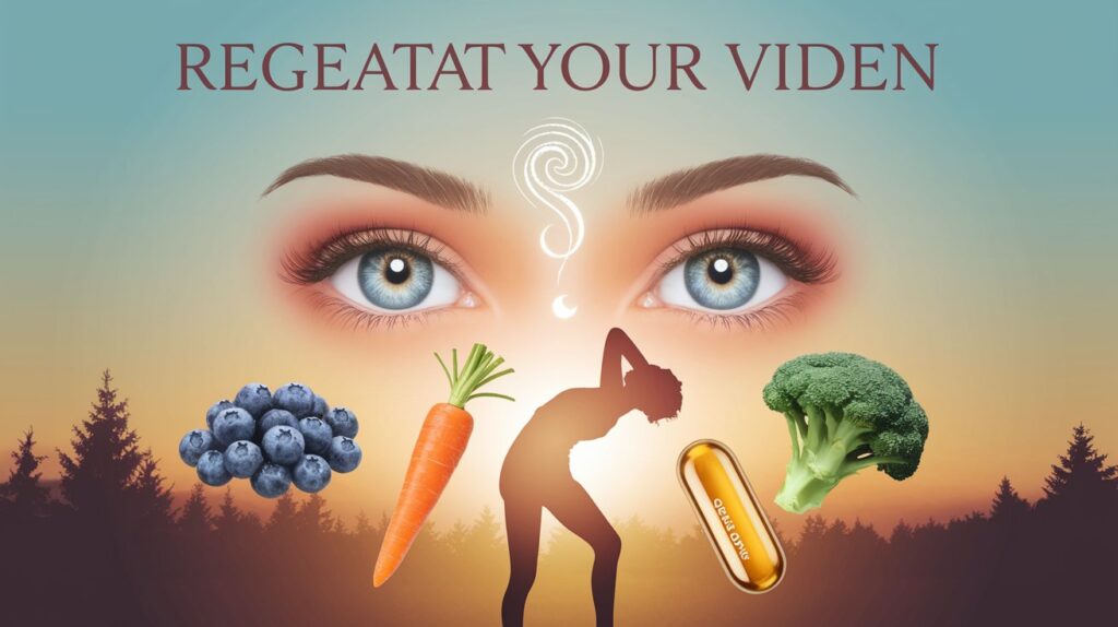 uplifting image showcasing a pair of bright, healthy human eyes with a radiant glow, set against a backdrop of a sunrise over a tranquil forest. Surround the eyes with natural elements symbolizing the video’s advice: a handful of blueberries, a slice of carrot, a sprig of broccoli, and a golden omega-3 fish oil capsule