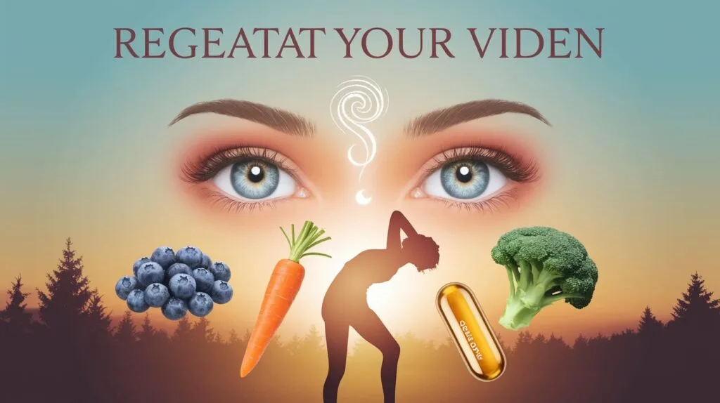 Struggling with Poor Eyesight? How can you boost Vision Naturally? 57 uplifting image showcasing a pair of bright, healthy human eyes with a radiant glow, set against a backdrop of a sunrise over a tranquil forest. Surround the eyes with natural elements symbolizing the video’s advice: a handful of blueberries, a slice of carrot, a sprig of broccoli, and a golden omega-3 fish oil capsule