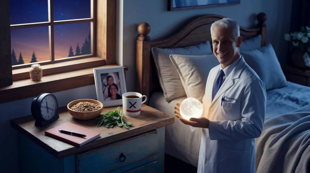 Can better Sleep unlock your Happiness? Dr. Allouche’s Secrets Revealed! 59 Picture a tranquil bedroom at dusk, with a cozy bed adorned with a breathable mattress and soft pillows under a starry sky peeking through a window.