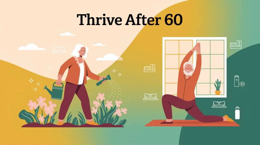 Can’t walk easily Anymore? How can Seniors stay Active and Thrive? 50 a joyful senior couple—Sarah and Robert—enjoying a vibrant moment: Sarah gardening with a watering can, Robert stretching by a sunny window. Surround them with subtle icons of a bed, yoga mat, and water bottle, set against an uplifting yellow-green gradient backdrop to evoke energy and independence. Add the text ‘Thrive After 60’ in a bold, cheerful font at the top, crafting a science-backed, hopeful scene for a senior wellness blog.