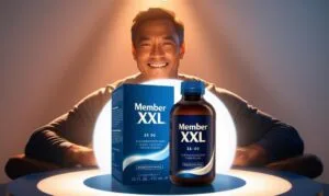 Member XXL review: Up to 3 Inches bigger? Our full test on Penis Enlargement & Performance! 6 Member XXL box and bottle with confident man illustration symbolizing penis size increase