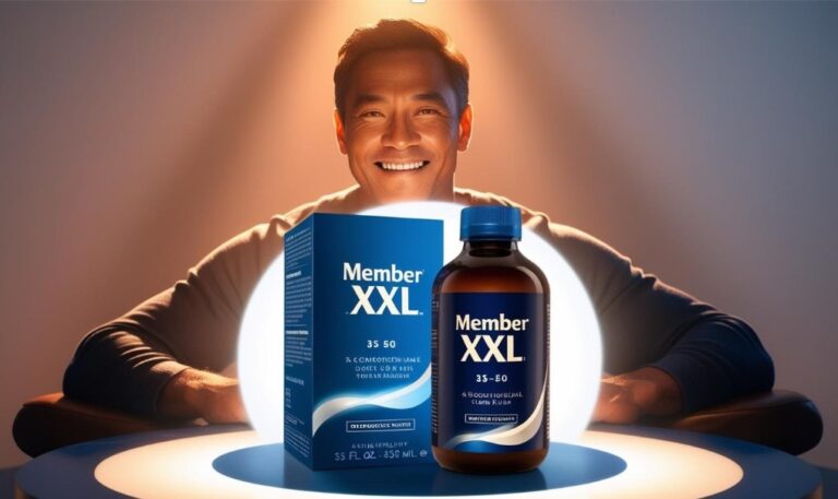 Member XXL box and bottle with confident man illustration symbolizing penis size increase