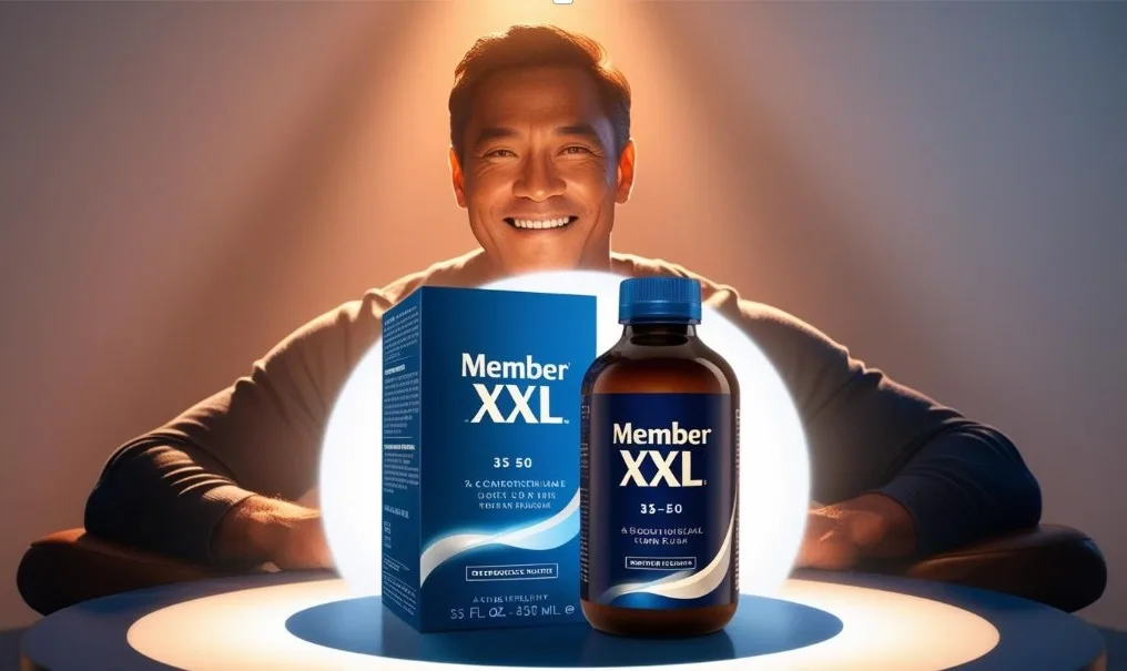Member XXL review: Up to 3 Inches bigger? Our full test on Penis Enlargement & Performance! 10 Member XXL box and bottle with confident man illustration symbolizing penis size increase