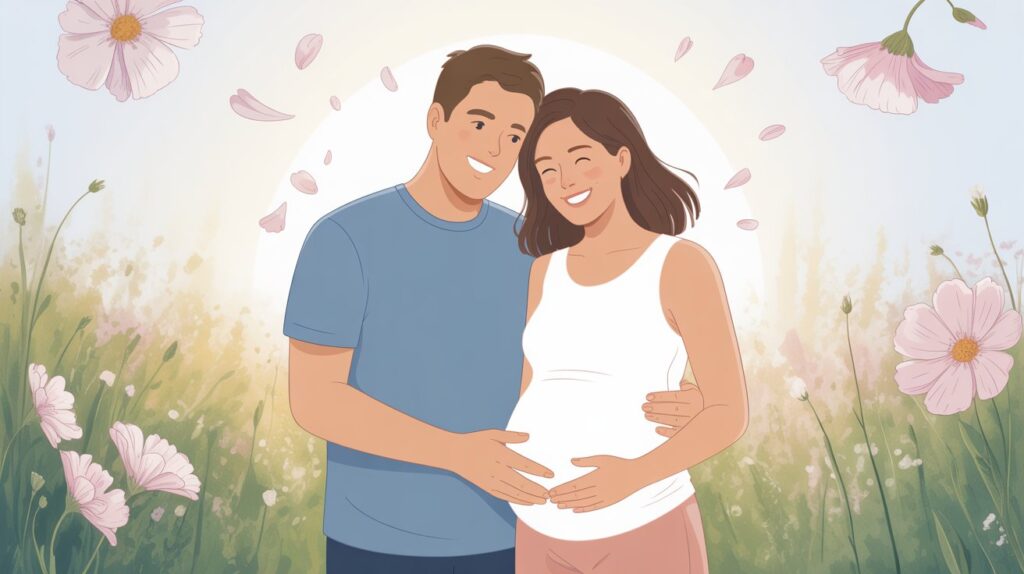 Difficultés à Concevoir ? Le Guide naturel pour booster votre Fertilité féminine 1 Couple dont la maman est enceinte symbolisant la conception reussie
