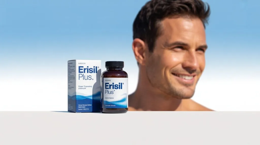 Erisil Plus Review: The key to strong Erections & renewed Confidence? Our Full Test! 16 Erisil Plus bottle and box with confident man illustration