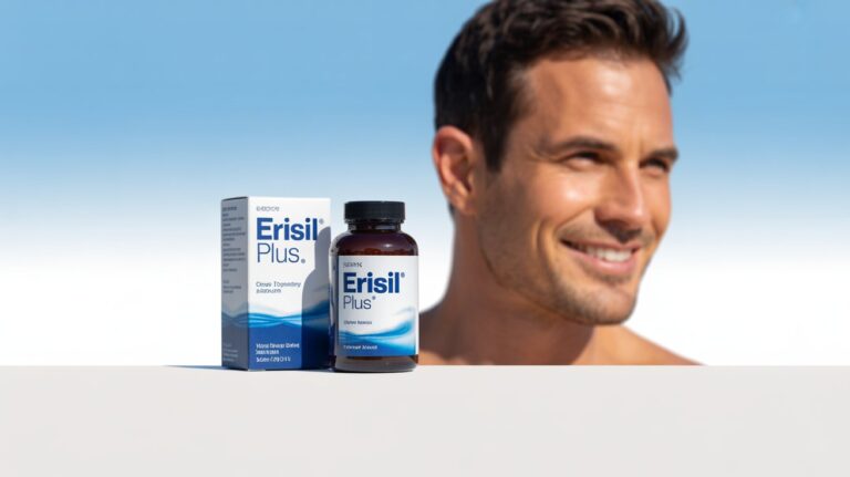 Erisil Plus bottle and box with confident man illustration