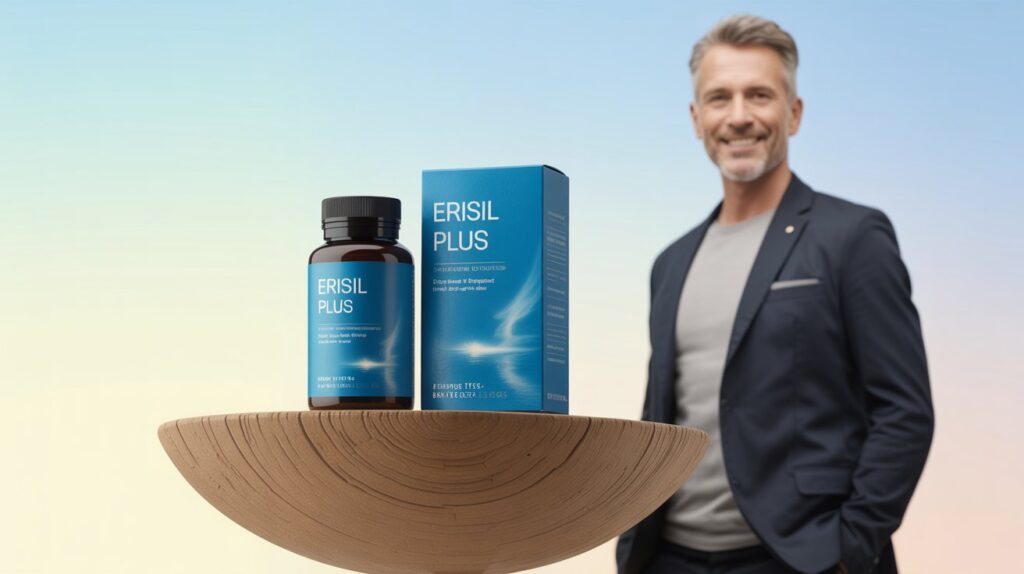 Érection faible ? Le Guide ultime pour retrouver votre Virilité Naturellement (Solutions et Compléments) 1 Erisil Plus flacon et boite avec homme confiant illustration