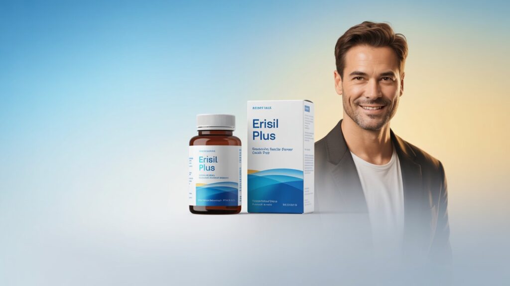 Erisil Plus avis : La Clé d'une Érection forte et d'une Confiance retrouvée ? Notre Test complet ! 1 Erisil Plus flacon et boite avec homme confiant illustration