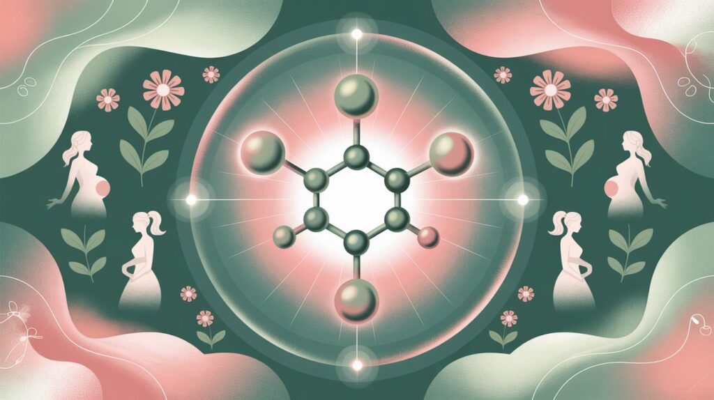Myo-inositol et Fertilité : Le Secret d'un Équilibre Hormonal pour tomber Enceinte Naturellement ? 2 Femme souriante et sereine entourée de symboles de biochimie et nature representant le Myo-inositol et la fertilite