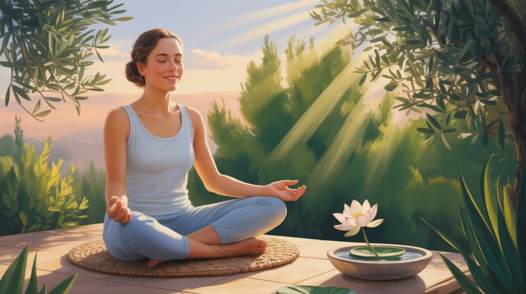 Stress and Fertility: The complete Guide to restoring Balance and Conceiving Naturally 1 Relaxed woman meditating to manage stress
