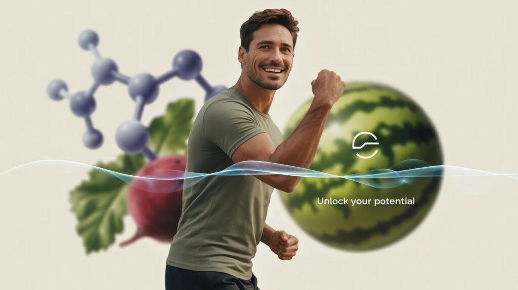 Citrulline Malate and Erection: The Secret to your revived Virility? Complete Guide 1 Dynamic smiling man with citrulline molecule symbol in background for erection
