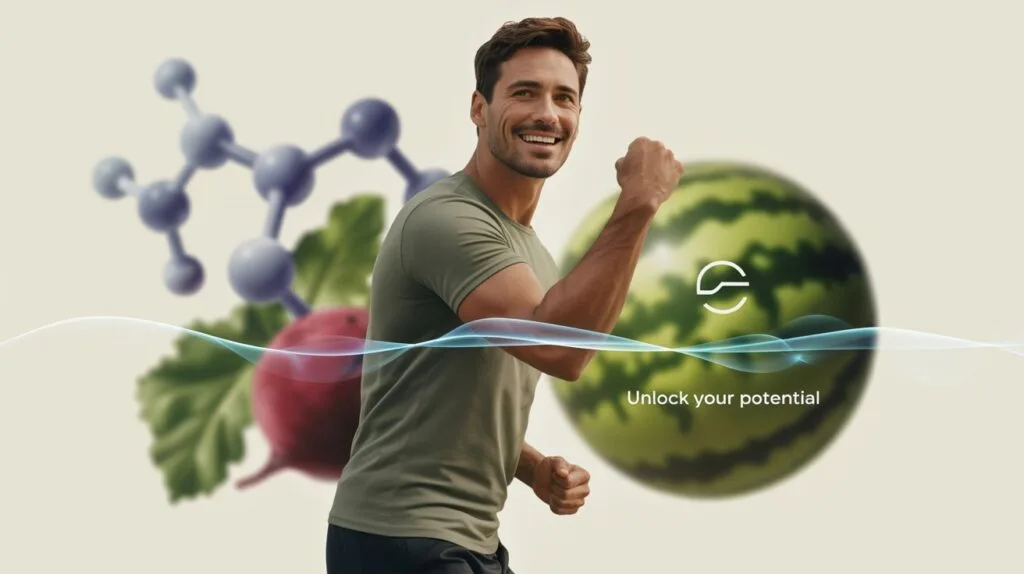 Citrulline Malate and Erection: The Secret to your revived Virility? Complete Guide 14 Dynamic smiling man with citrulline molecule symbol in background for erection