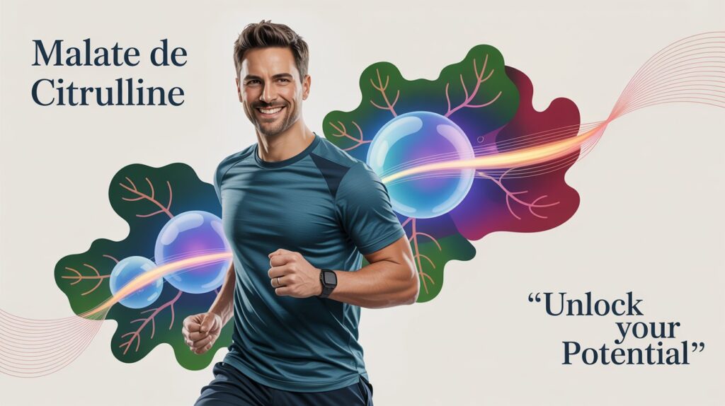 Malate de Citrulline et Érection : Le Secret de votre Virilité retrouvée ? Guide Complet 1 Homme dynamique et souriant avec symbole de molecule de citrulline en arriere-plan pour l'erection