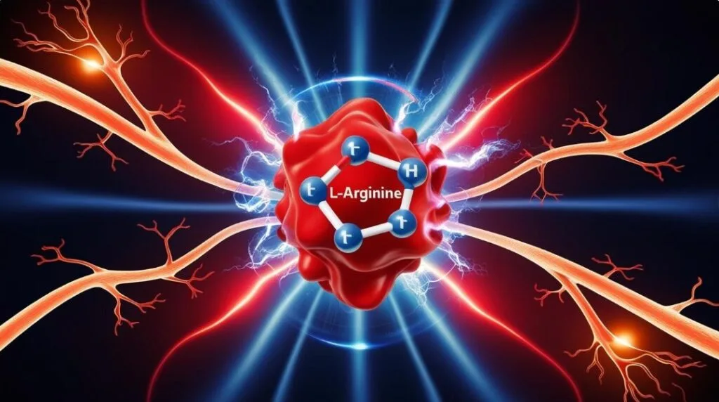 L-Arginine and Erections: The Secret to Powerful Blood Flow for Optimal Male Virility? 8 L-Arginine molecular structure with elements evoking blood flow and male virility