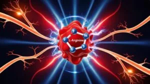 L-Arginine and Erections: The Secret to Powerful Blood Flow for Optimal Male Virility? 4 L-Arginine molecular structure with elements evoking blood flow and male virility