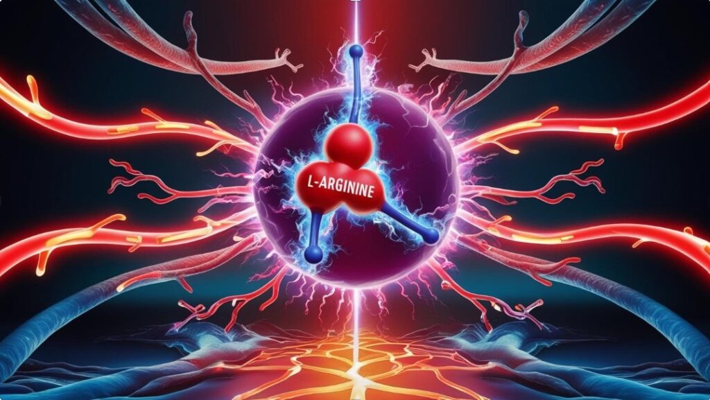 L-Arginine et Érection : Le Secret d'un Flux Sanguin Puissant pour une Virilité Optimale ? 1 L-Arginine molecular structure with elements evoking blood flow and male virility