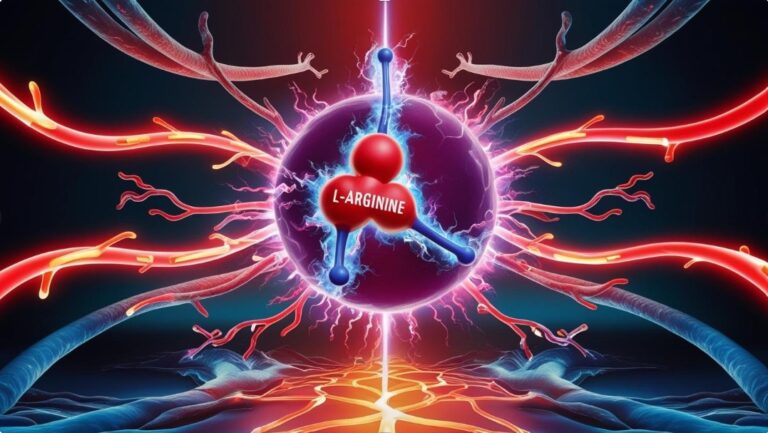 L-Arginine molecular structure with elements evoking blood flow and male virility