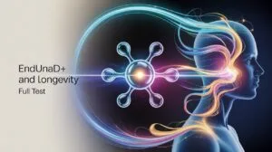 EnduNAD+ Review: The Anti-Aging Formula to regain your Youthful Energy? (Full Test) 3 EnduNAD+ bottle with NAD+ molecule and symbol of energy and youth