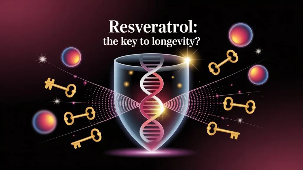 Resveratrol and Longevity: The Red Wine secret to activating your Youth Genes (and why It's not Enough) 5 Resveratrol molecule with DNA helix and longevity symbol